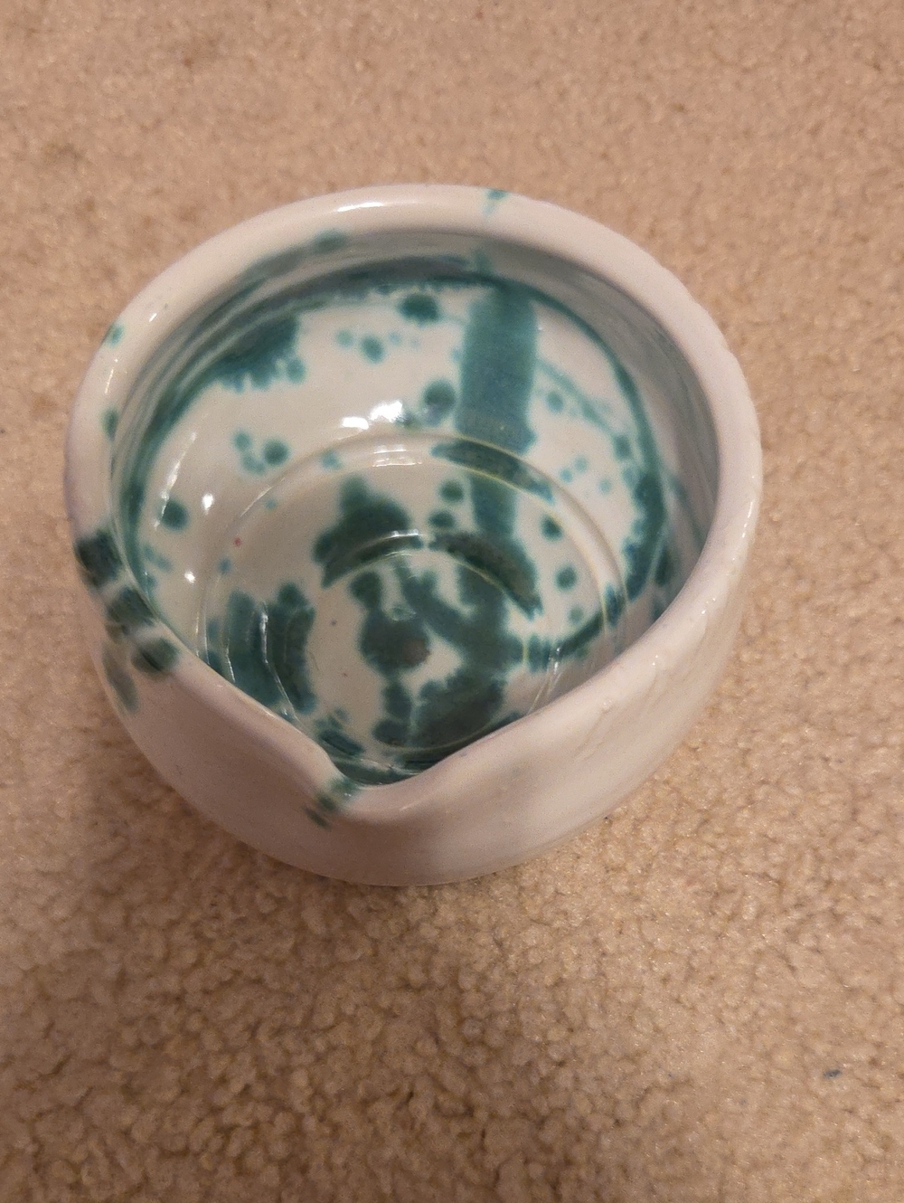 Handmade White Ceramic Bowl with Teal Glaze Accent